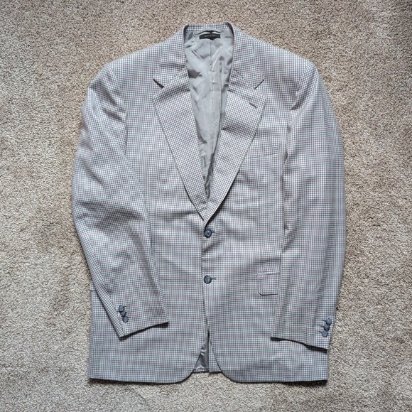 Brioni Palatino Mens 44L Gray Purple Plaid Wool Sport Coat Blazer Suit Jacket